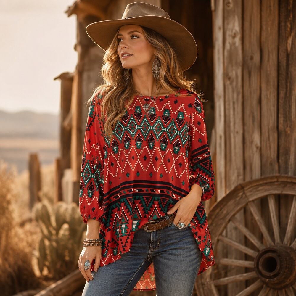 Auditions Aztec Southwest Print Lightweight Blouse Red Turquoise Cowgirl Size Sm